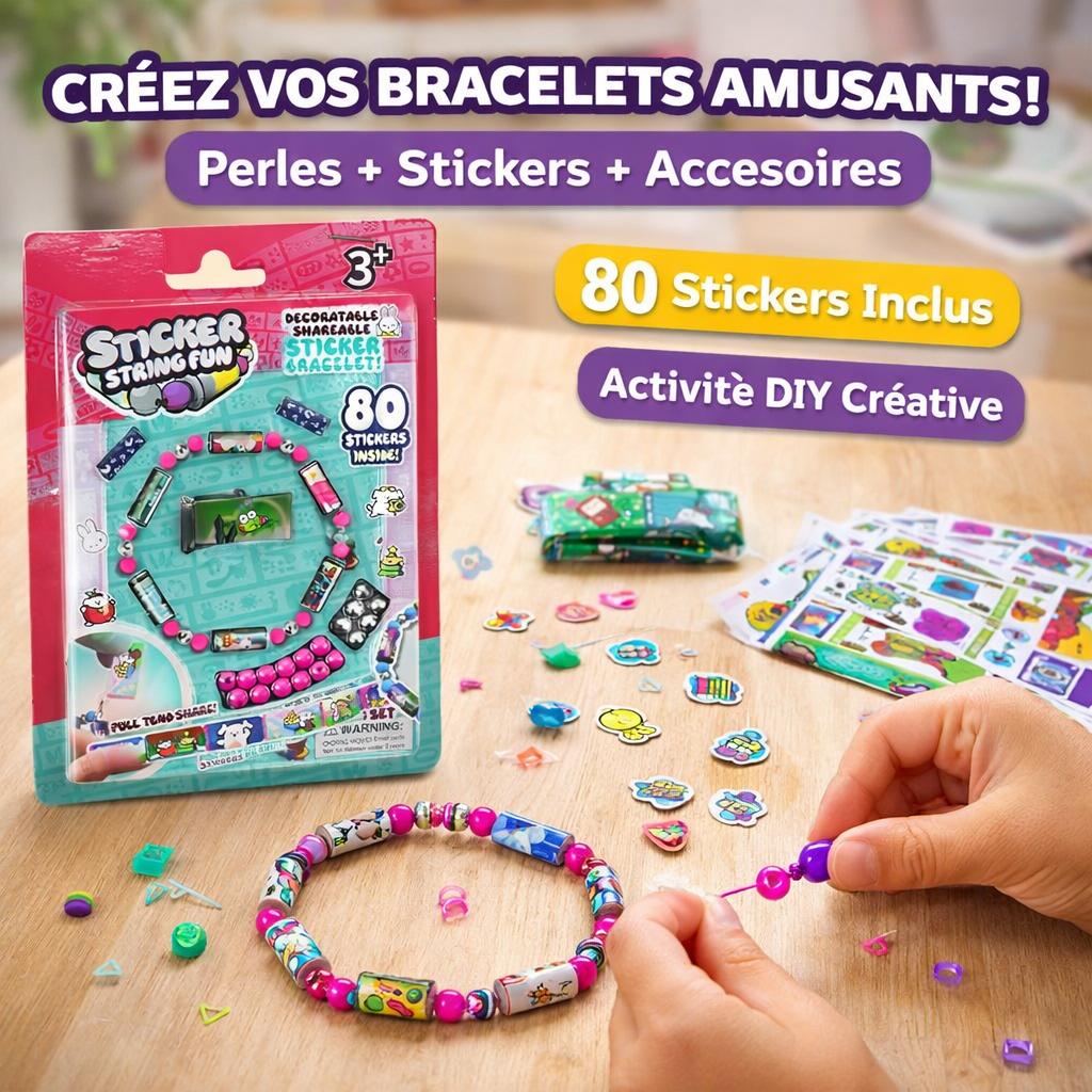 kit bracelet sticker string fun – 80 stickers inclus | jeu créatif diy pour enfants 3+ | perles + stickers + accessoires
