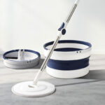 Balai Magique avec Seau Pliable Compact – Essorage Centrifuge, Tête Rotative & Manche Inox - Blanc & Gris