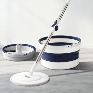 Balai Magique avec Seau Pliable Compact – Essorage Centrifuge, Tête Rotative & Manche Inox - Blanc & Gris