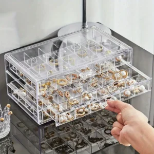 Boîte de Rangement Bijoux Transparente – 3 Étages Empilables