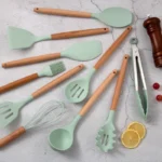 Set Ustensiles de Cuisine Silicone – Kit Complet avec Pot, Manche en Bois – Image 2