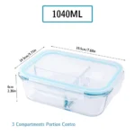 Boîte Alimentaire en Verre à 3 Compartiments – 1040 ml | Couvercle Blanc ou Bleu Ciel – Image 2