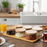 Set de 6 Pots de Conservation en Verre et Bambou avec Plateau - Rangement Cuisine & Service