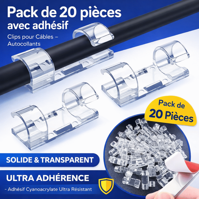 lot de 20 supports clips transparente pour câbles – autocollants, organisation & gestion des fils