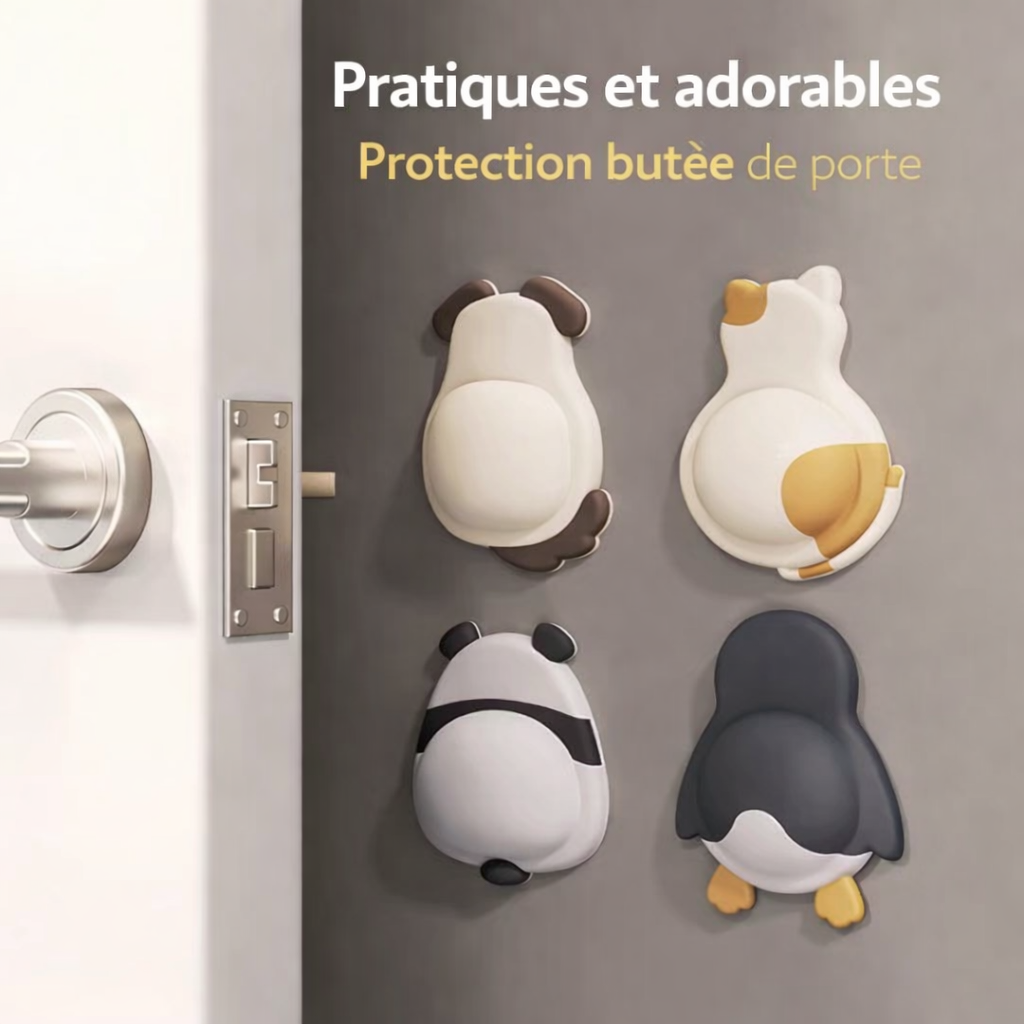 butée de porte mignonne en silicone – protection murale avec adhésif — modèle animal (vendu à l’unité)