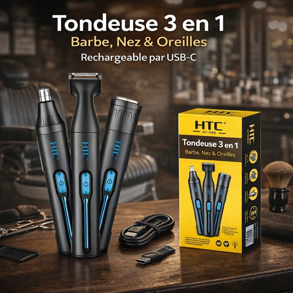 tondeuse 3 en 1 htc at 038 – barbe, nez et oreilles, rechargeable usb c