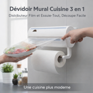 dévidoir mural cuisine 3 en 1 – distributeur film et essuie tout, découpe facile