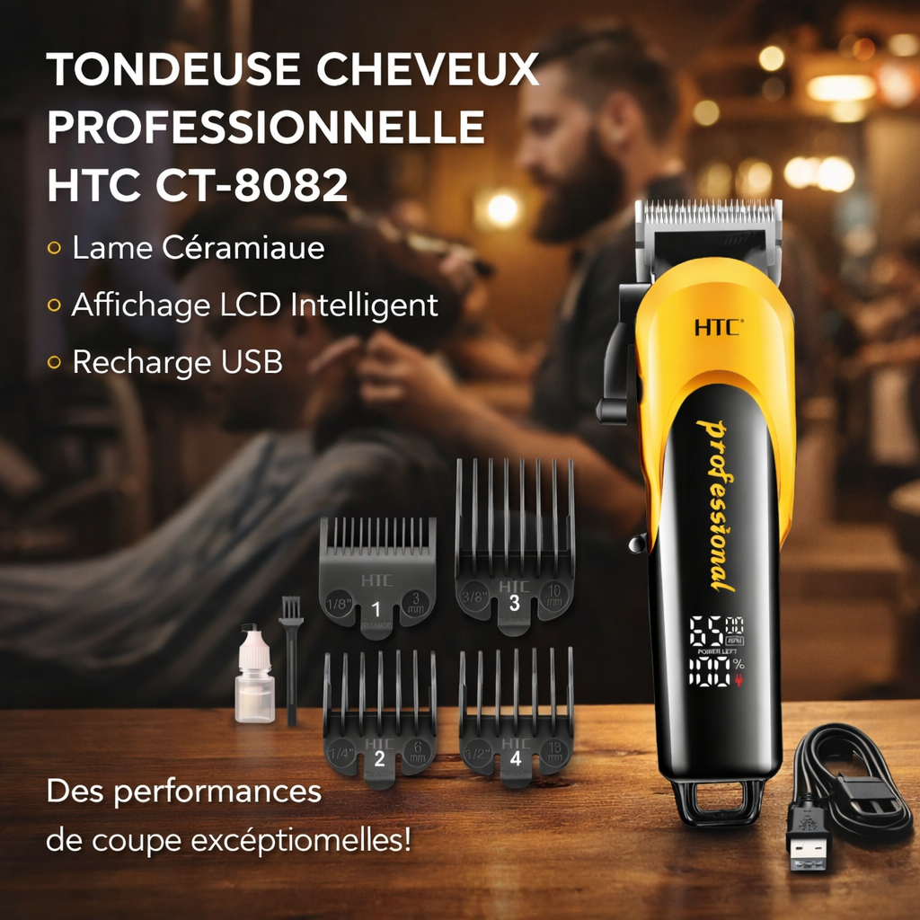 tondeuse cheveux professionnelle htc ct 8082 – lame céramique, affichage lcd intelligent, recharge usb