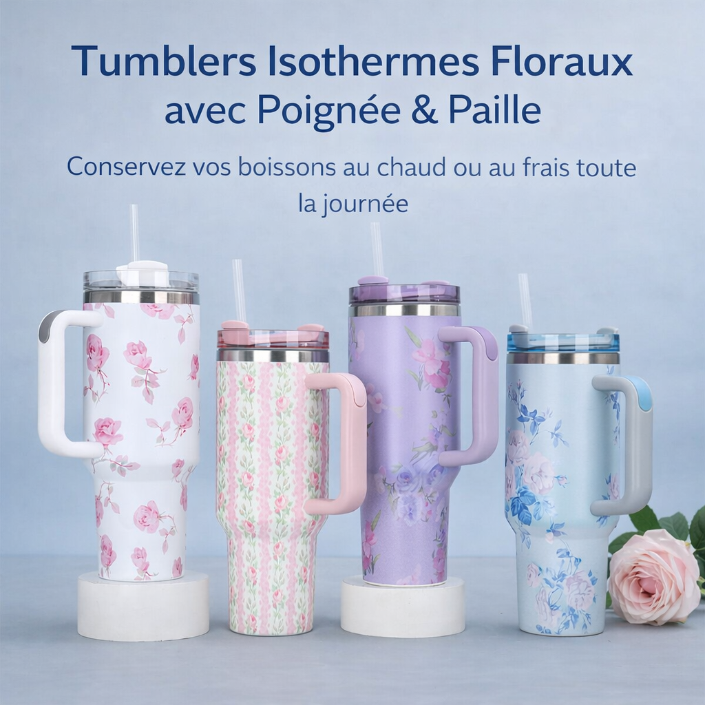 tumbler isotherme floral avec poignée & paille – mug thermique réutilisable haute capacité