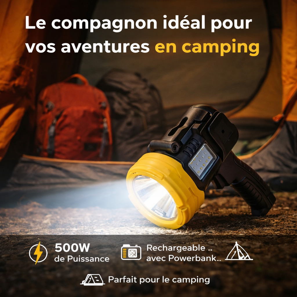 projecteur led rechargeable – lampe torche puissante 500w avec powerbank, jaune et noir