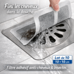 lot de 10 filtres adhésifs anti cheveux et anti insectes pour siphon de sol (10x10cm) protection drain douche