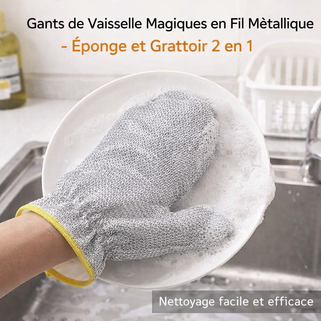 gants de vaisselle magiques en fil métallique Éponge et grattoir 2 en 1