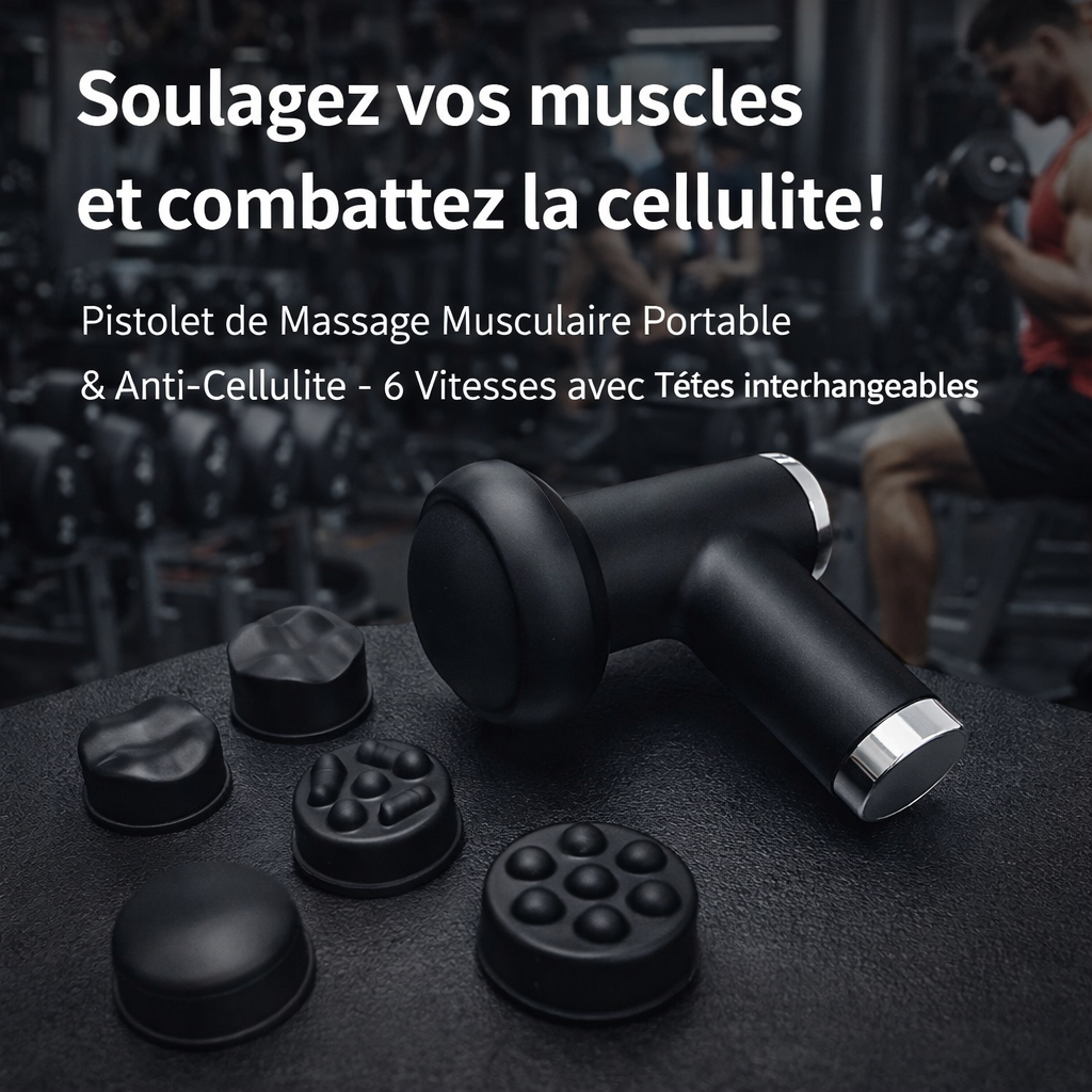 pistolet de massage musculaire portable & anti cellulite – 6 vitesses avec têtes interchangeables