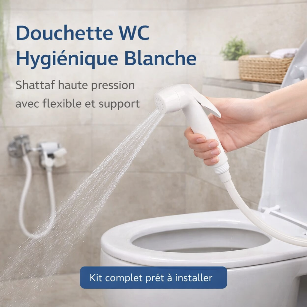 kit douchette wc hygiénique blanche – shattaf haute pression avec flexible 1.2m et support