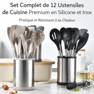 set complet de 12 ustensiles de cuisine premium en silicone et inox avec support de rangement