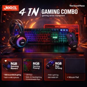 pack gaming 4 en 1 jedel cp 09 clavier, souris, casque rgb + tapis