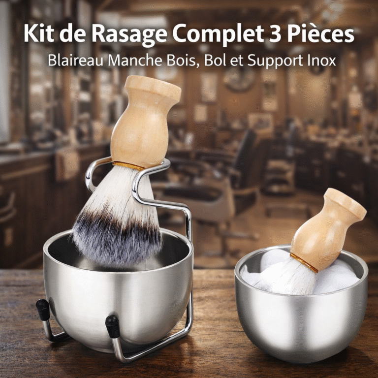 kit de rasage complet 3 pièces blaireau manche bois, bol et support inox