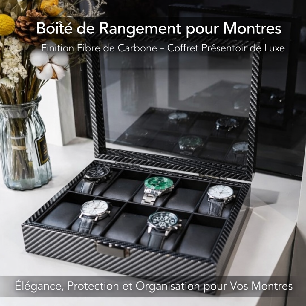 boîte de rangement pour montres finition fibre de carbone coffret présentoir de luxe