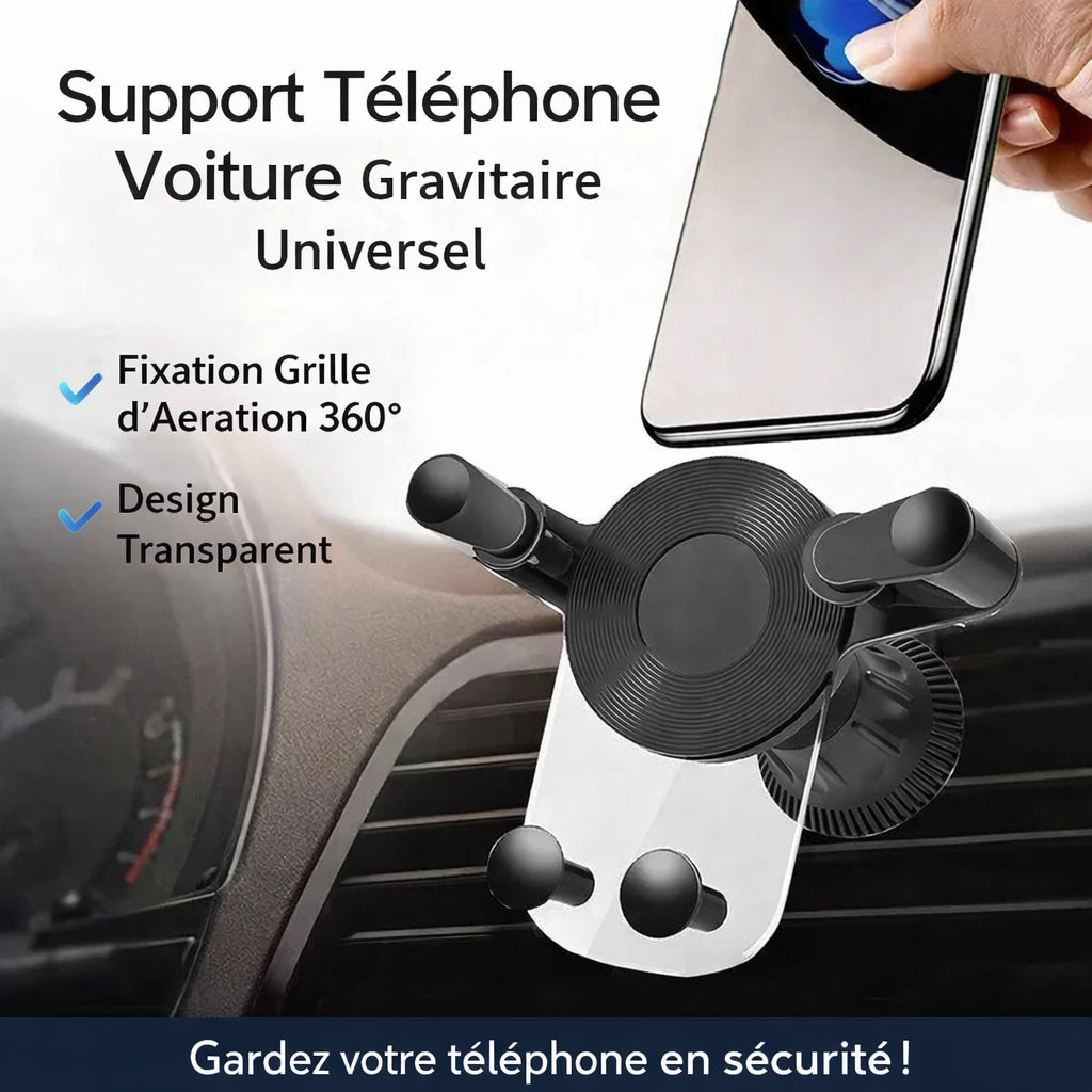 support téléphone voiture gravitaire universel fixation grille d'aération 360° design transparent