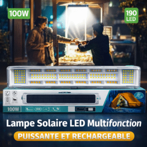 lampe solaire led multifonction 100w rechargeable – projecteur portable avec batterie externe et aimant