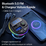 transmetteur fm bluetooth 5.0 & chargeur voiture rapide câble 3 en 1 intégré